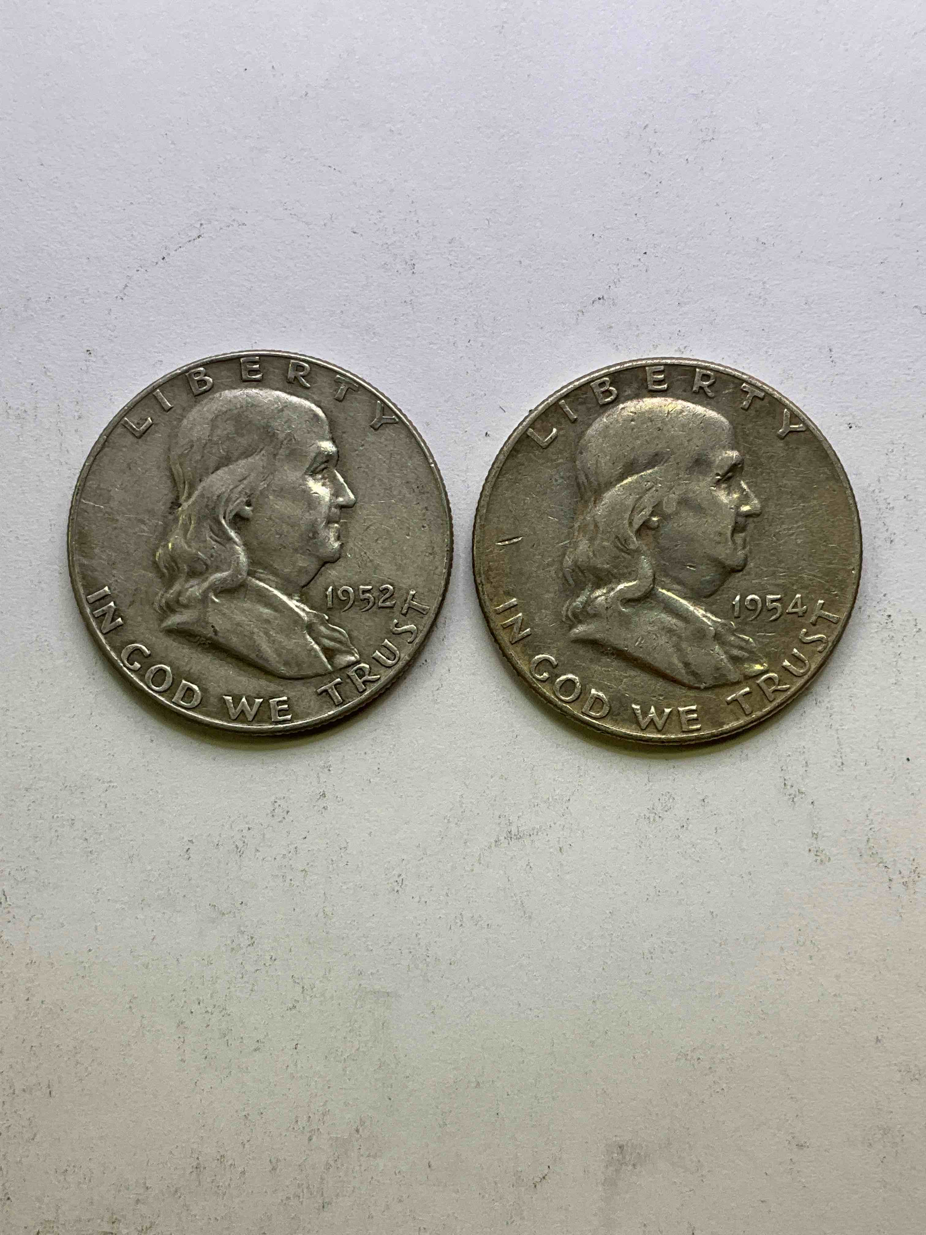 Ben Franklin Silver! Pre 1965 Silver U.S. Half Dollar Coins! Before 1965 American Half Dollars Were Actually Silver, Here Are Rare 1952 & 1954 Versions In Excellent, Circulated Condition! Great For Investing In Precious Metals! These Heavy Half Dollars Were Minted At 90% Silver and 10% Copper, Giving Them A Net Weight Of .36169 Ounces Of Pure Silver Per Coin! Very Rare In This Great Condition!