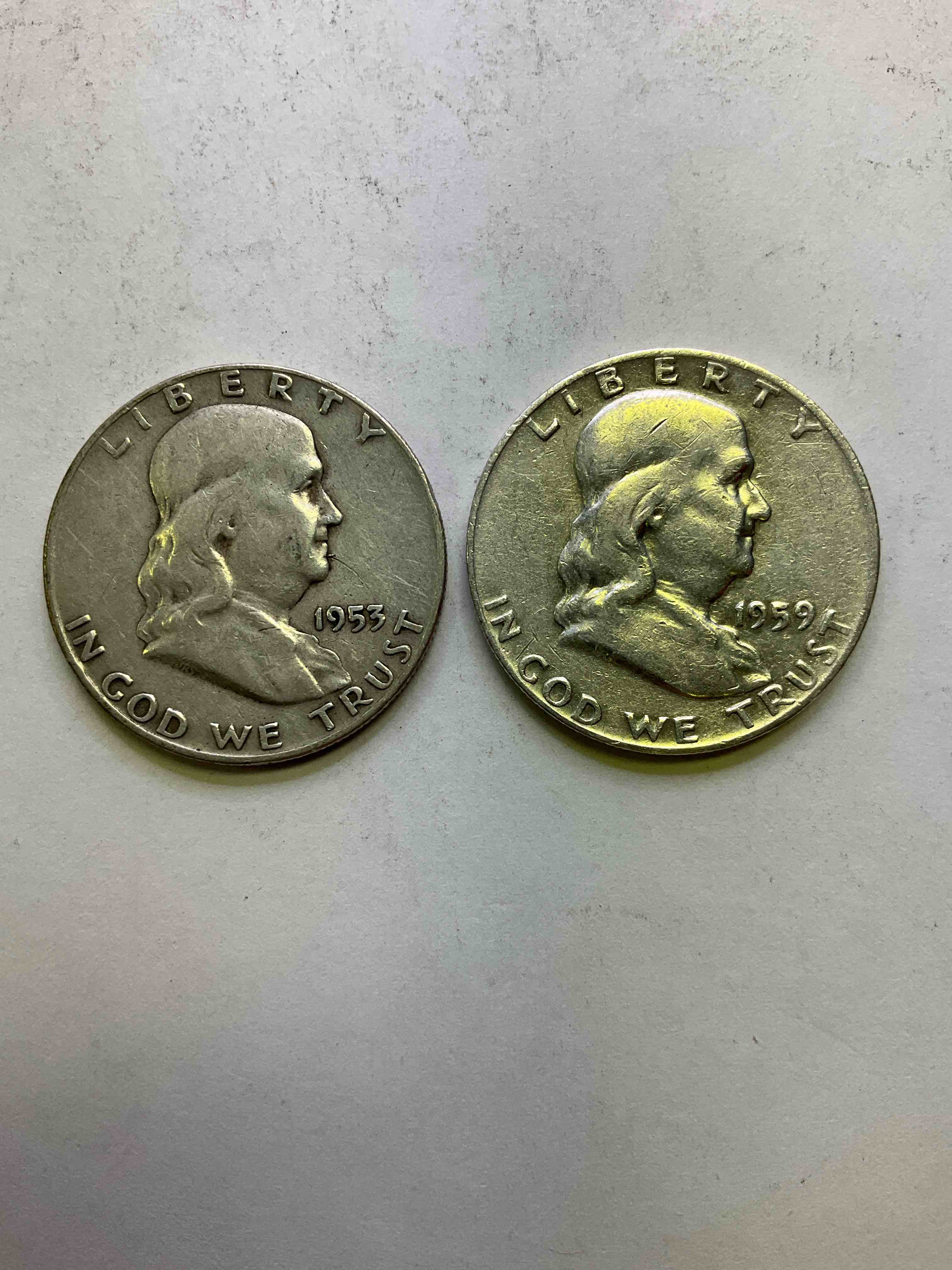 Ben Franklin Silver! Pre 1965 Silver U.S. Half Dollar Coins! Before 1965 American Half Dollars Were Actually Silver, Here Are Rare 1953 & 1959 Versions In Excellent, Circulated Condition! Great For Investing In Precious Metals! These Heavy Half Dollars Were Minted At 90% Silver and 10% Copper, Giving Them A Net Weight Of .36169 Ounces Of Pure Silver Per Coin! Very Rare In This Great Condition!