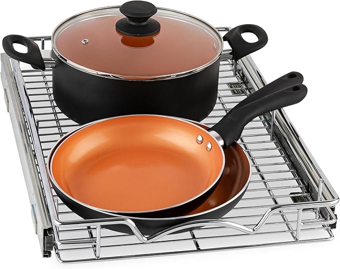 HOLD N' STORAGE Pull Out Cabinet Organizer, Heavy Duty-with Lifetime Limited Warranty -14”W x 17”D - Requires At Least a 15-1/4” Cabinet Opening, Steel Metal cabinet drawers slide out, Chrome Finish 14”W x 17"D