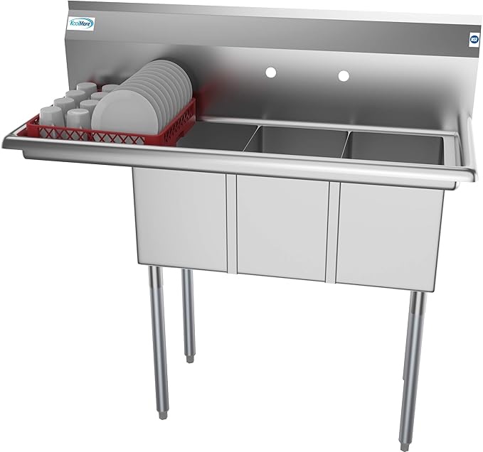 KoolMore - SC101410-12L3 3 Compartment Stainless Steel NSF Commercial Kitchen Sink with 1 Drainboard - Bowl Size 10" x 14" x 10", Silver