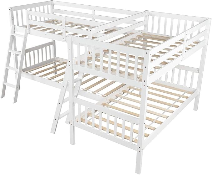 SOFTSEA L-Shaped Wood Bunk Bed, Twin Over Twin Corner Bunk Bed with Ladder, No Box Spring Needed (White)