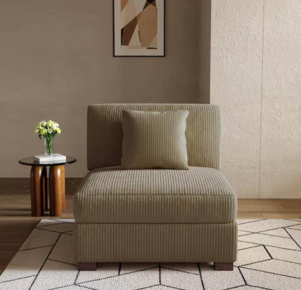 36 in. Beige Rectangle Corduroy Polyester Sectional Center Armless 1-Seat Sofa with One Pillow