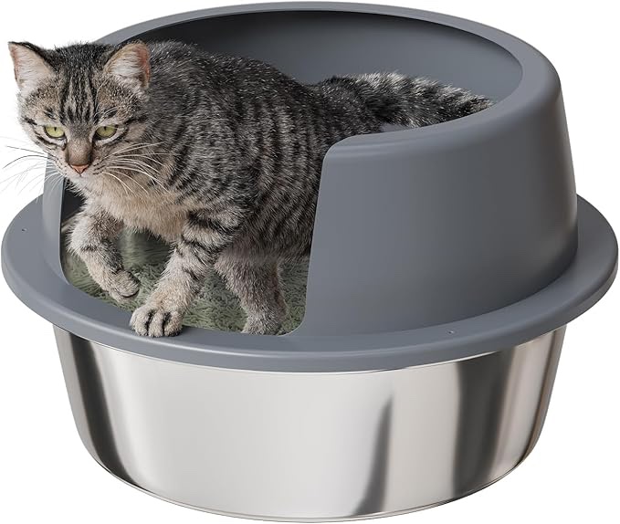 Round High-Sided Stainless Steel Cat Litter Box,Stainless Steel Litter Box with Lid,Extra Large Box,Easy-to-Clean Metal Litter Pan for Cats