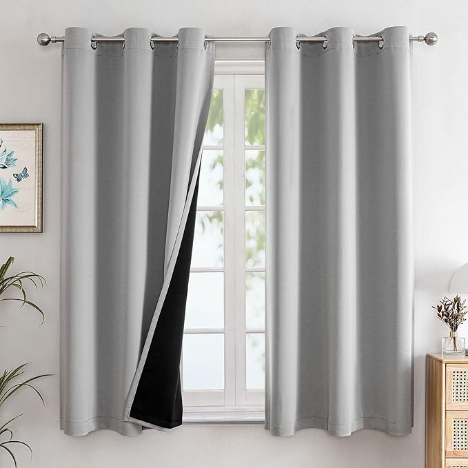 ChrisDowa 100% Blackout Curtains for Bedroom with Black Liner, 2 Thick Layers Total Blackout Thermal Insulated Grommet Window Curtains (Black/Natural, 52x84 Inches)