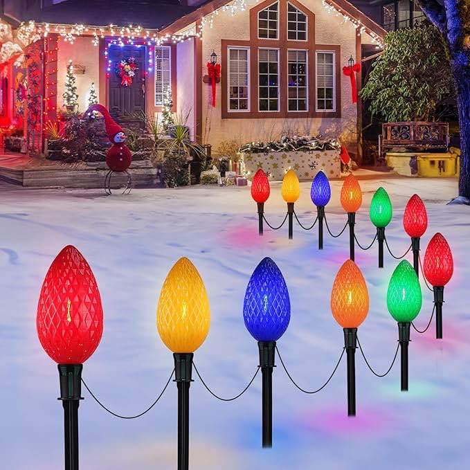 2 packs jumbo c9 christmas pathway lights outdoor lawn decorations with 12 lights, 10ft led jumbo christmas lights with walkway stakes, multicolor c9 light bulbs for holiday outside yard garden