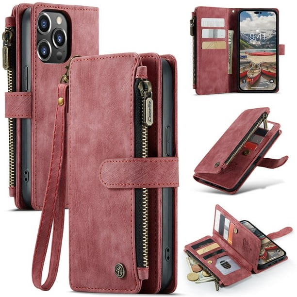 CaseMe iPhone 14 Pro Max Wallet Case, iPhone 14 Pro Max Case with Card Holder, iPhone 14 Pro Max Leather Case for Women Men, Premium iPhone 14 Pro Max Case Kickstand Strap Zipper, Pink (Item Similar than Picture)