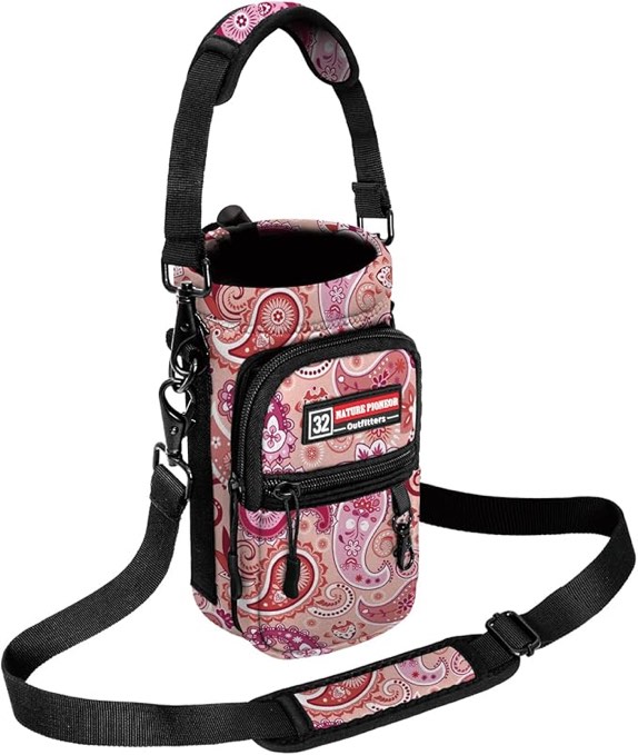 NATURE PIONEOR Water Bottle Holder with Strap,Water Bottle Carrier Bag Sling Sleeve with Adjustable Shoulder Strap & Handle and Large Phone Pocket for Walking,Hiking,Travelling for 32oz, Pink, 2 Pack (Item Similar than Picture)