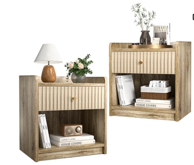 Nidouillet Nightstands Set of 2, Bedside Tables with Drawer, Night Stand Bed Side End Table with Open Storage for Farmhouse Bedroom Living Room Small Space