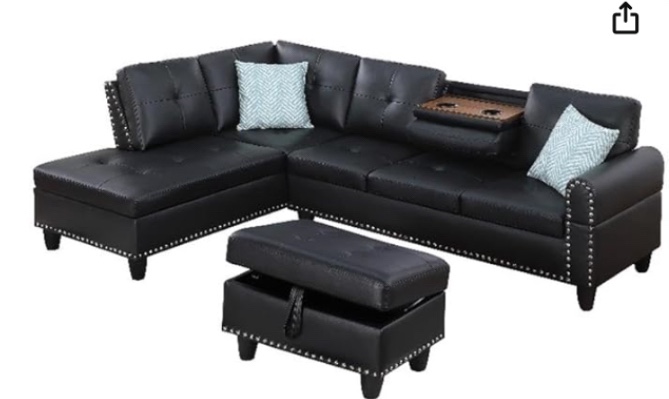 (incomplete box 2 of 3 ) color black grey Made with fabric material Devion Furniture Transitional PU Faux fabric Sectional Sofa with Lift-top Storage Ottoman, for Living Room in Black Finish