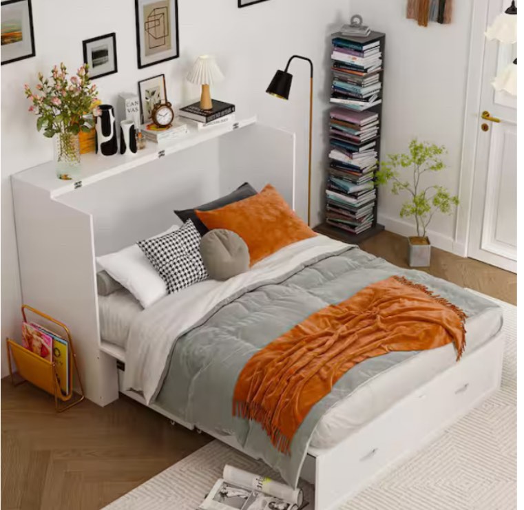 (incomplete box 1) White Wooden 55.1 in. W Chest of Drawers, Can Convertible to Full Size Bed with USB Charging Station and Wheels