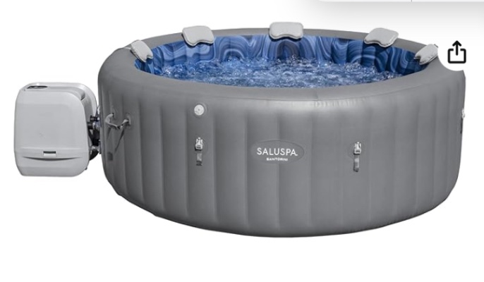 (similar to stock photo )Bestway SaluSpa Santorini HydroJet 5 to 7 Inflatable Hot TubRound Portable Outdoor Spa with 180 Soothing Jets and Cover, Gray