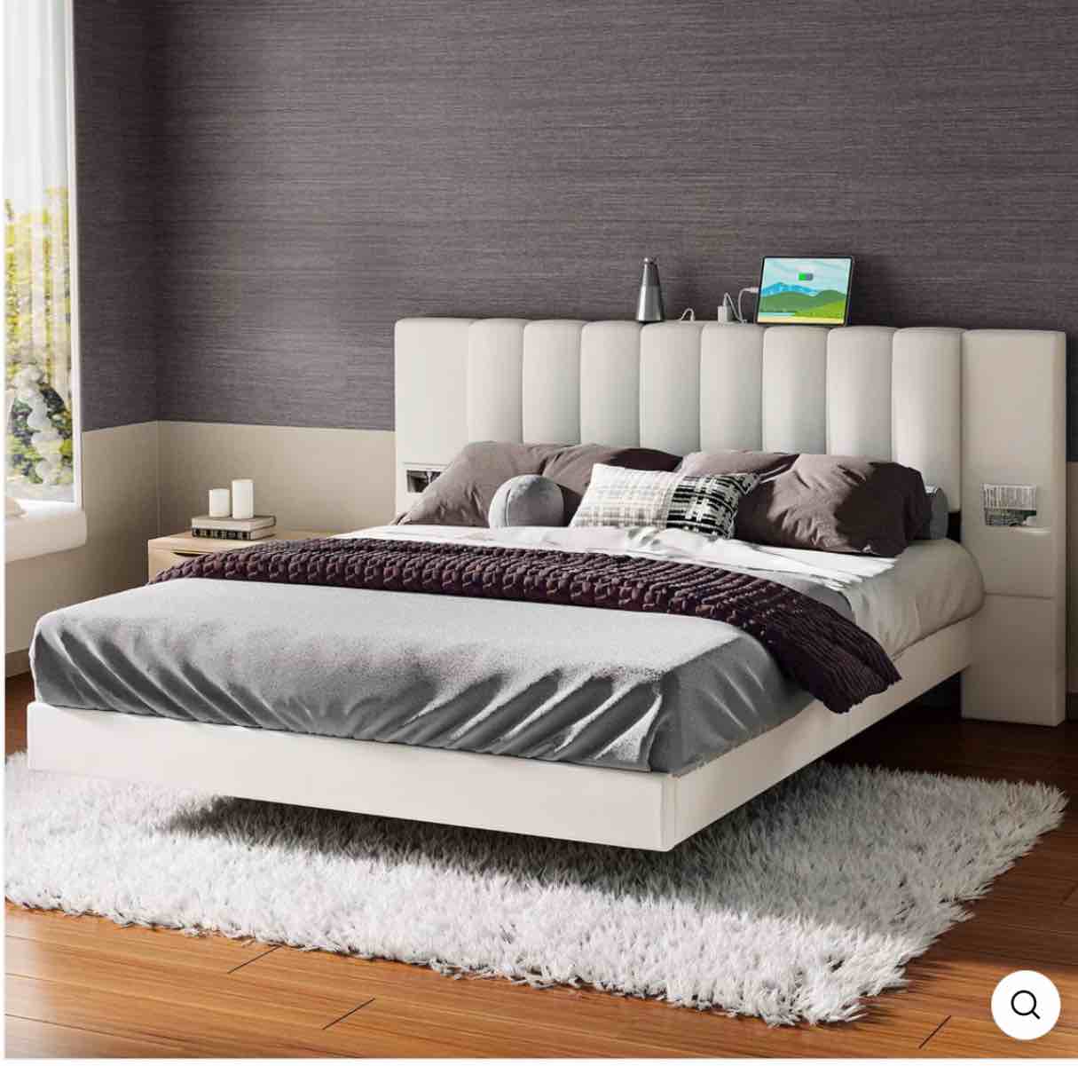  Floating Bed Frame with Headboard, Led Light Strip, No Box Spring Required