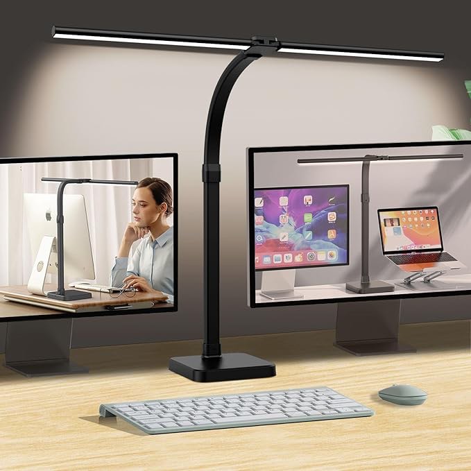 LED Desk Lamp for Home Office, Double Head 24W with USB Charging Port & Wireless Charger, Architect Light 5 Lighting Brightness Flexible Gooseneck Table Reading Study, Black