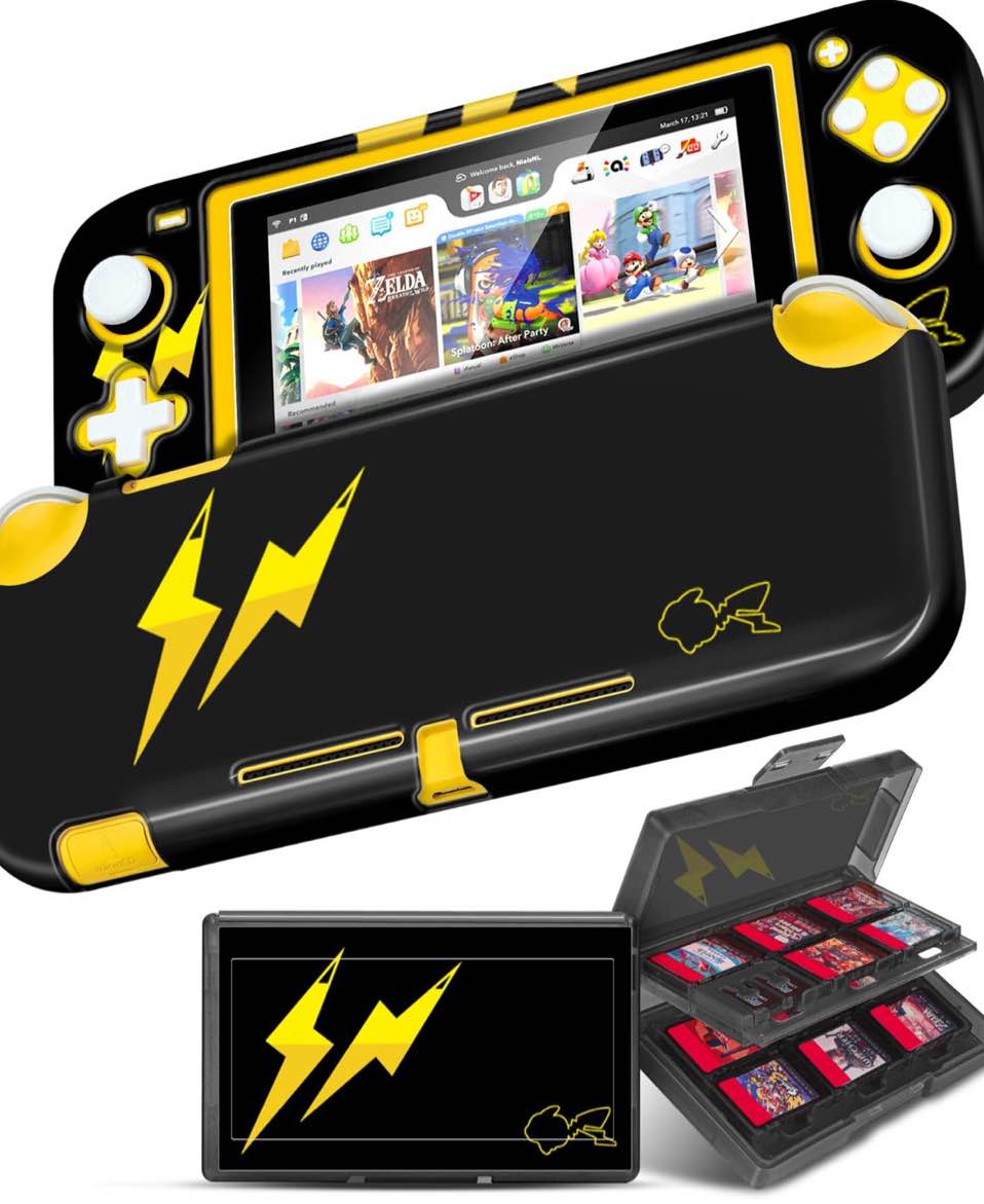 Gurgitat 2in1 Cute for Switch Lite Case Protector, Switch Lite Game Cases Cartridge Storage Pikach Cartoon Anime Boys Men 24 Game Card Holder Organizer+Skin Dockable Cover for Nintendo Switch Lite 2- Pack