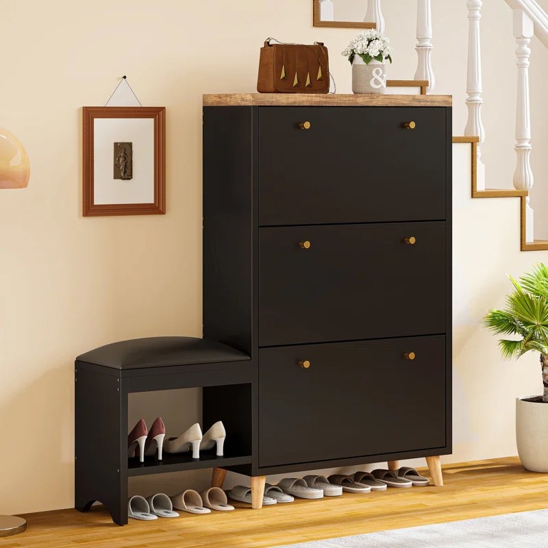 Modern Narrow Hidden Shoe Storage Cabinet Organizer With Bench For Entryway With 3 Flip Drawer