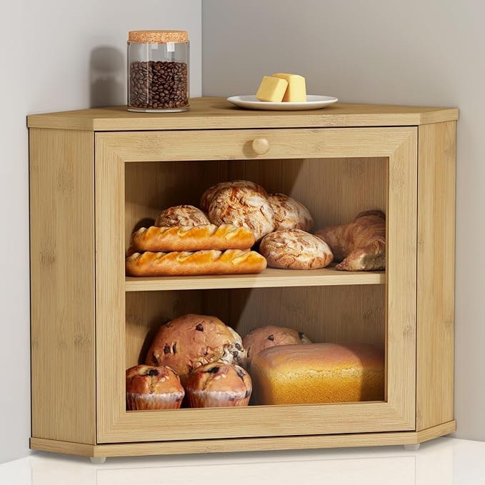 Bamboo Corner Bread Box for Kitchen Counter, 2 Tier Bread Keeper Wooden Round