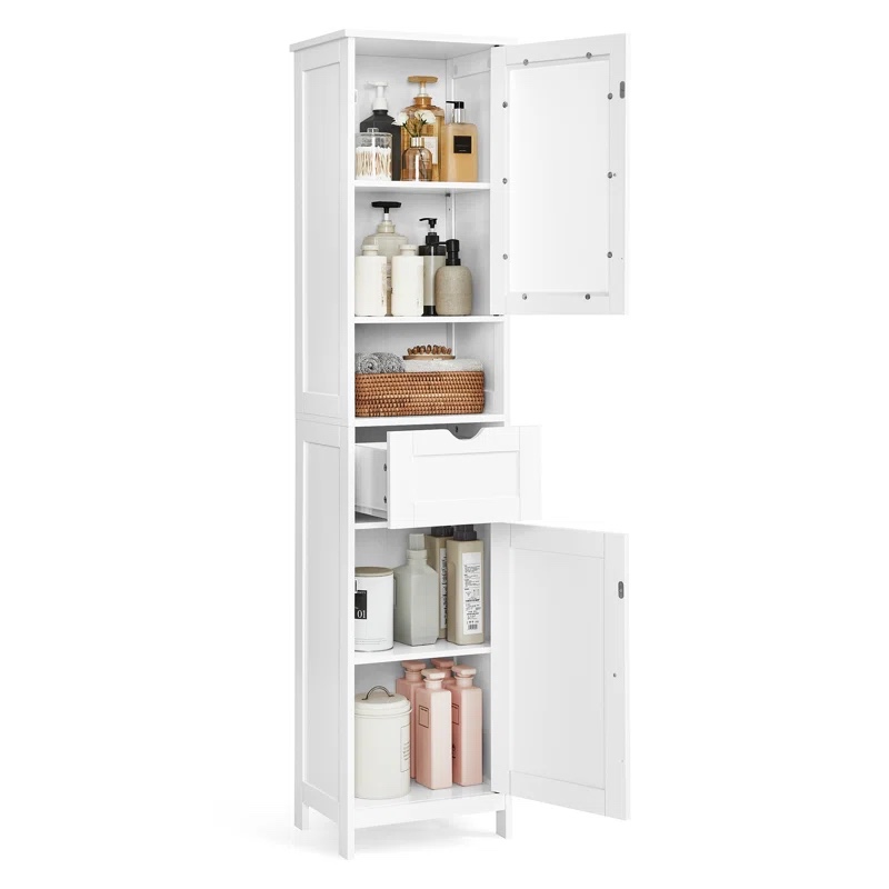 Freestanding Linen Cabinet, Tall Bathroom Cabinet, with a Drawer, Adjustable Shelves, Modern Style
