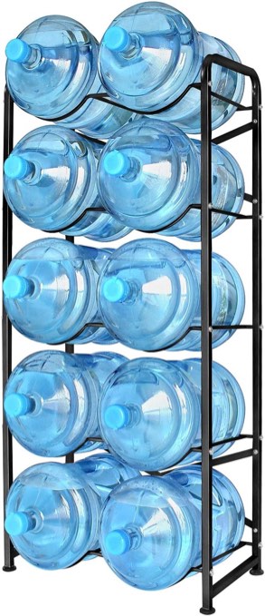 Ationgle 5 Gallon Water Bottle Holder for 10 Bottles, 5 Tiers Heavy-Duty Water Cooler Jug Rack with Reinforcement Frame for Kitchen Office, Black