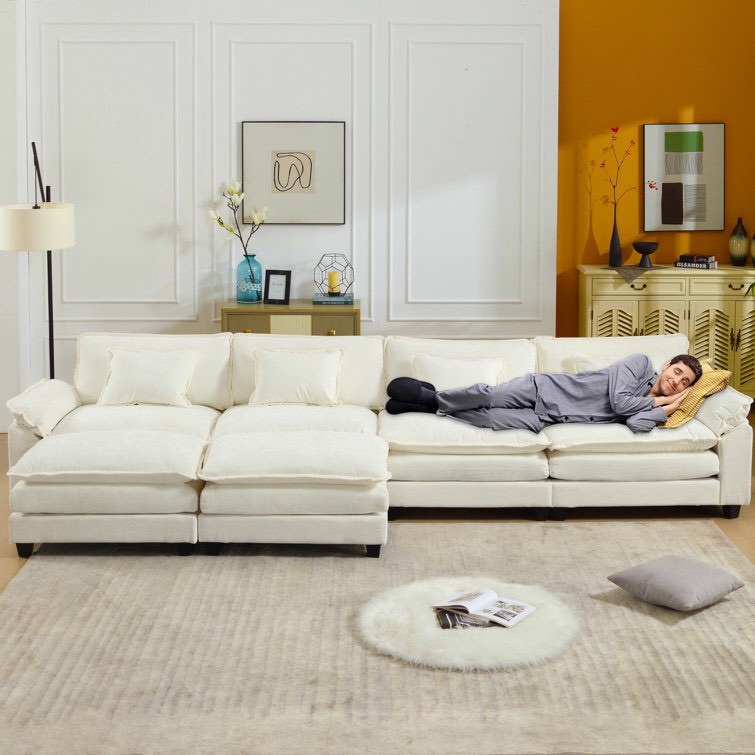 ( incomplete,only 1 box)Carbaugh 154" Oversized U Shaped Sectional Sofa, Comfy Cloud Couch Deep Sectional Sofa with Ottomans for Living Room Body Fabric: White Chenille