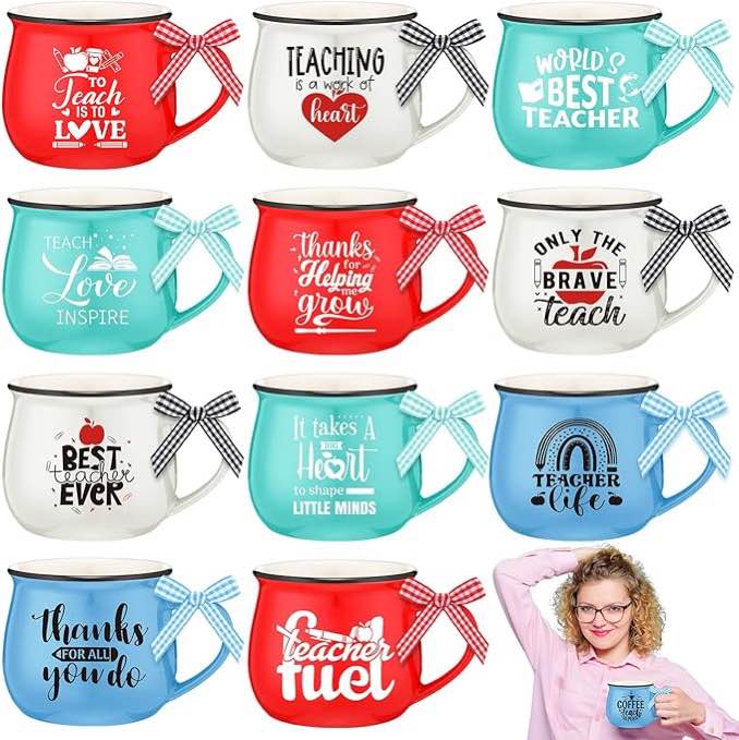 Suttmin 12 Pcs Teacher Appreciation Gift Mugs Set Teacher Assistant Gift for Women 12 oz Ceramic Coffee Cups Graduation Thank You Gift Bulk from Students for Teacher Christmas Birthday End of Year Teacher 12