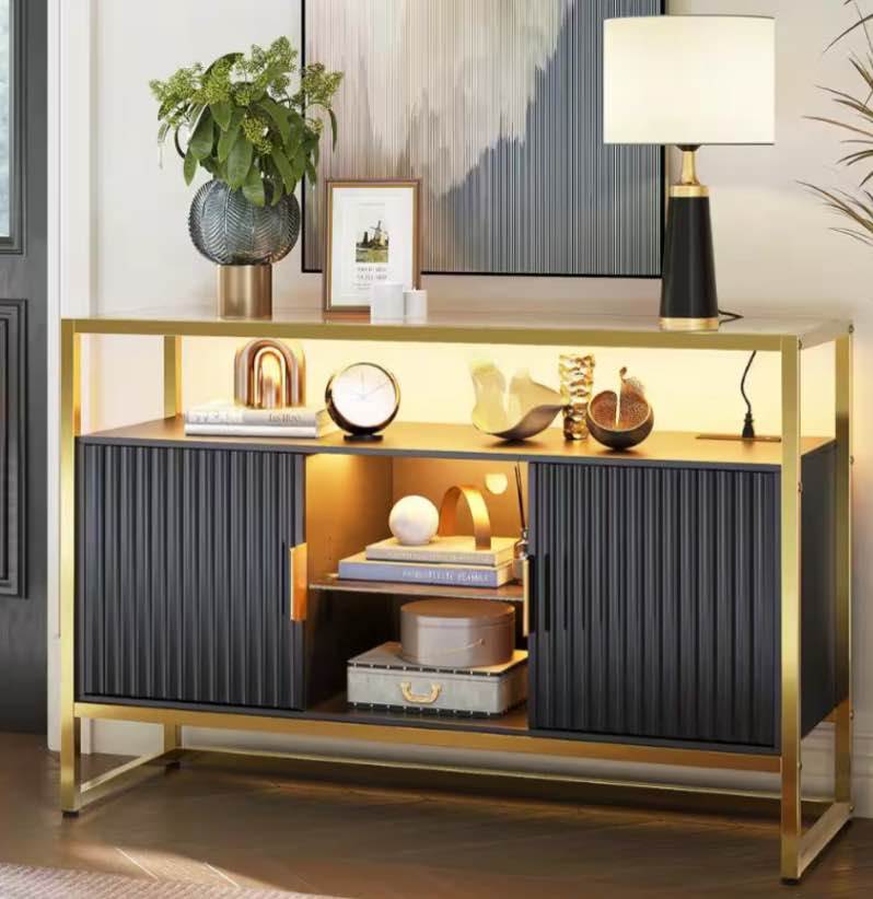 Black and Tempered Glass 45.67 in. Sideboard with 2-Cabinets, Adjustable Shelves, Power Outlets, LED Lights