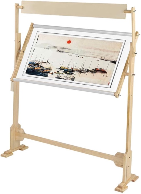Adjustable Embroidery Stand, Wooden Frame Cross Stitch Floor Stand 360° Rotated Needlework Stand Holder Lap Table Craft Sewing Tool with Scroll Frame