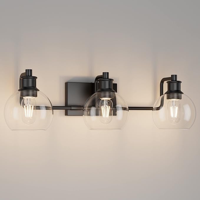 Tipace Black Industrial Bathroom Vanity Light Fixtures Over Mirror Glass Globe 3 Lights Vintage Vanity Lights Farmhouse Bath Lighting(Exclude Bulb)