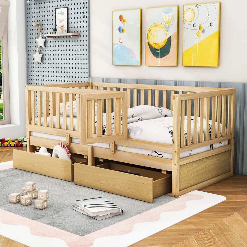 ( incomplete)Storage Wooden Floor Bed with Guardrails and 2 Drawers