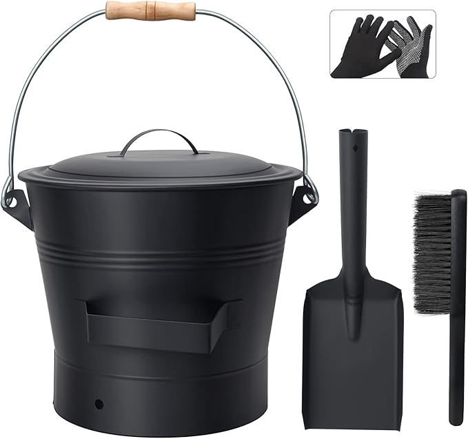 BRIAN & DANY Ash Bucket with Lid, 2.6 Gallon Fireplace Ash Bucket with Shovel and Hand Broom, Metal Bucket for Fireplace, Fire Pit, Wood Burning Stove