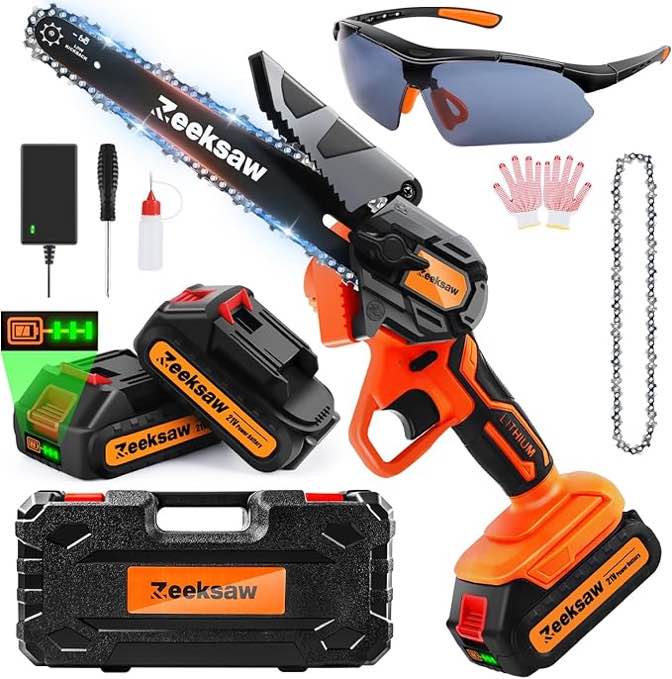 Zeeksaw Mini Chainsaw 6 Inch Cordless, Super Handheld Chainsaw with 2x Big Batteries, Electric Mini Chain saw Battery Powered, Small Hand saws for Tree Wood - Garden Yard Time Saving Tool