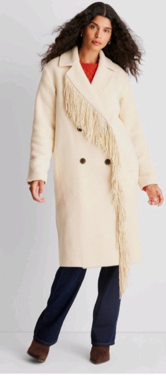 Women's Notched Lapel Double Breasted Fringe Coat - Future Collective™ with Reese Blutstein Cream XXL