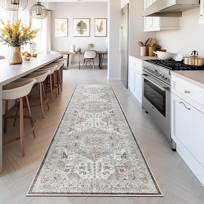 Madane Washable Runner Rug - 2x8 Runners for Hallways Kitchen Non-Slip Runner Rugs Ultra-Thin Laundry Room Rug Throw Carpet Runner for Entrance Living Dinning Room Foyer (Brown/Ivory, 2 x 8)