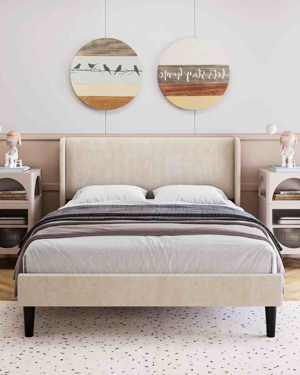 GAOMON Queen Bed Frame, Upholstered Platform Bed with Wingback Headboard, Velvet Upholstered Bed Frame with 2 Storage Pockets, Strong Wooden Slat Support, Easy Assembly, Box Spring Optional, Beige