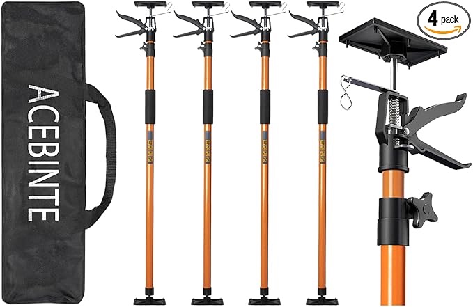 4PK Support Pole, Steel Telescopic Adjustable 3rd Hand Support System, Support Rod, Supports up to 154 lbs Construction Rods for Cabinet Jacks Cargo Bars Drywalls Extends from 49 Inch to 114 Inch