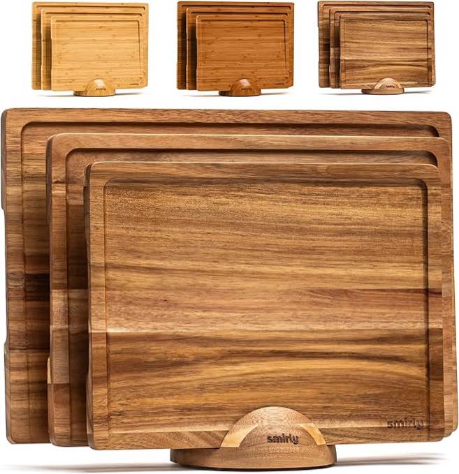 Wood Cutting Board, Bamboo Cutting Board Set, Chopping Board and Wooden Cutting Boards for Kitchen, Small Wood Cutting Board and butcher block (Acacia Wood, 3 Pack + Holder)
