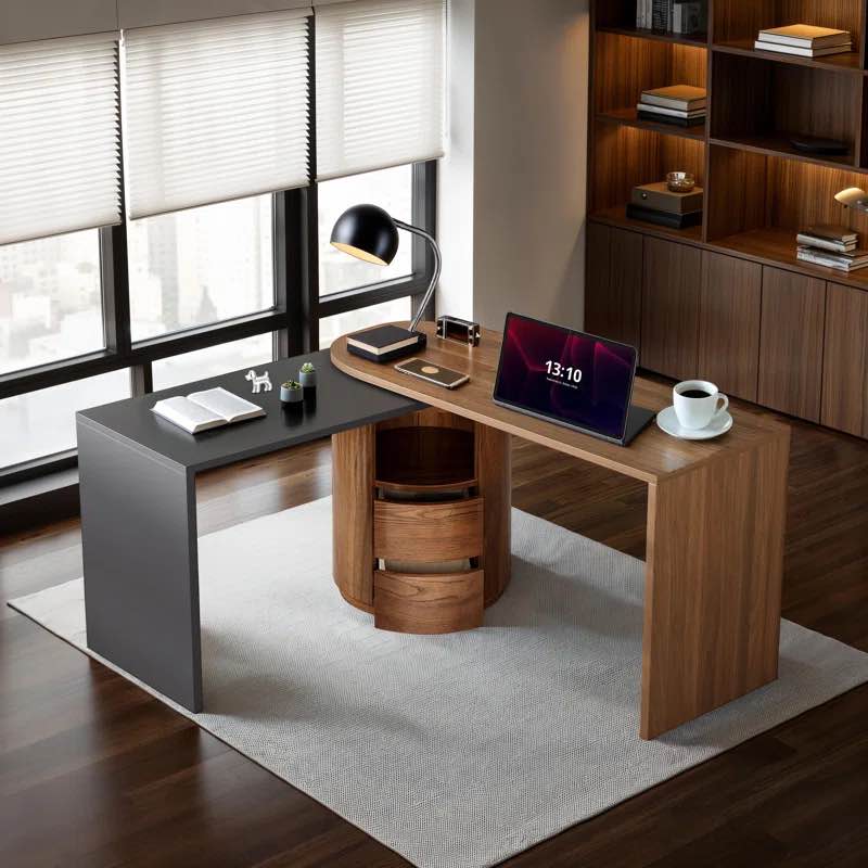 *incomplete*Modern L-Shaped Desk with 2 Drawers and Open Storage, 360° Wood Rotating Desk, Executive Office Desk, Corner Desk Color: Brown/Black