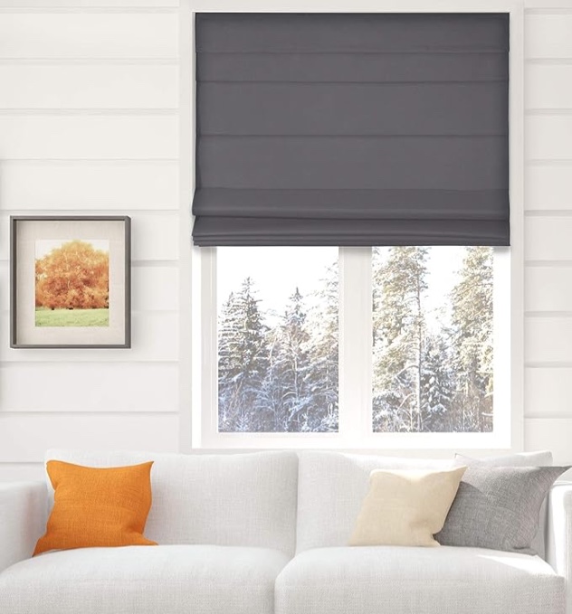 Arlo Blinds Thermal Room Darkening Fabric Roman Shades, Color: Graphite, Size: 30.5" W X 60" H, Cordless Lift Window Blinds