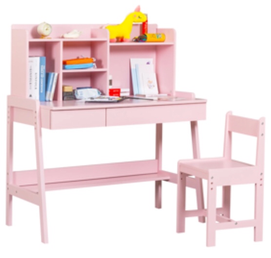 Kids Study Desk and Chair - Set, Adjustable Children Study Table with Chair, Kids Wooden Study Desk with Hutch, Drawers, Cord Management, Book Stand for 5-12 Years Old (pink