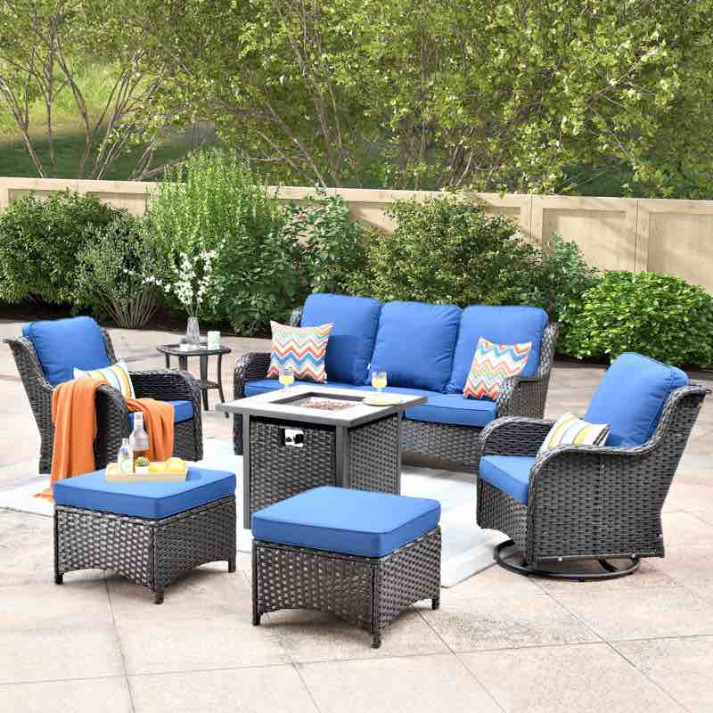 incomplete ) 7 Piece Rattan Sofa Seating Group with Fire Pit and Cushions Cushion Color: Navy Blue, Frame Color: Brown