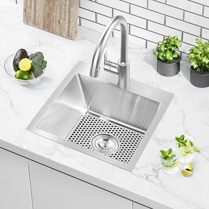 BURCHAIN 17 x 15 Inch Drop in Kitchen Sink Top mount Bar Sink 16 Gauge Stainless Steel Single Bowl Workstation with Sink Protector (Brushed Nickel)