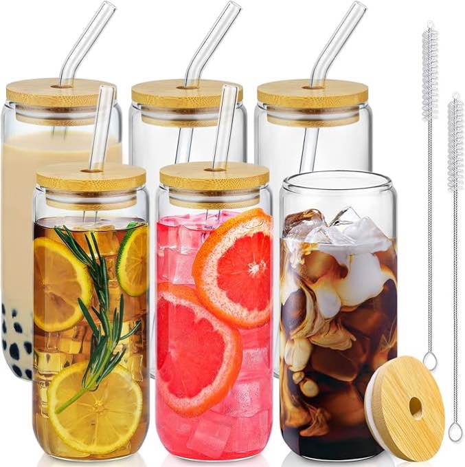 Drinking Glasses with Bamboo Lids and Glass Straw - 6 Pcs Glass Cups Beer Ice Coffee Glasses Cute Aesthetic Cup Great for Coffee Bar Accessories Include 2 Cleaning Brushes