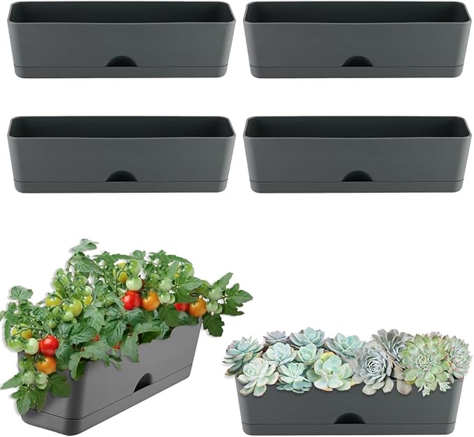 6 Pack Rectangle Planter 16x4.4 Inch Window Boxes Planters Rectangular Large Window Sill Planters Indoor Self Watering Plant Pots with Drainage Holes and Saucers Succulent Herb Flower Pots, Light Grey