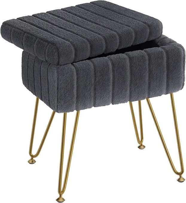 Greenstell Vanity Stool Chair Faux Fur with Storage, 15.7"L x 11.8"W x 19.4"H Soft Ottoman 4 Metal Legs with Anti-Slip Feet, Furry Padded Seat, Modern Multifunctional Chairs for Makeup, Bedroom White