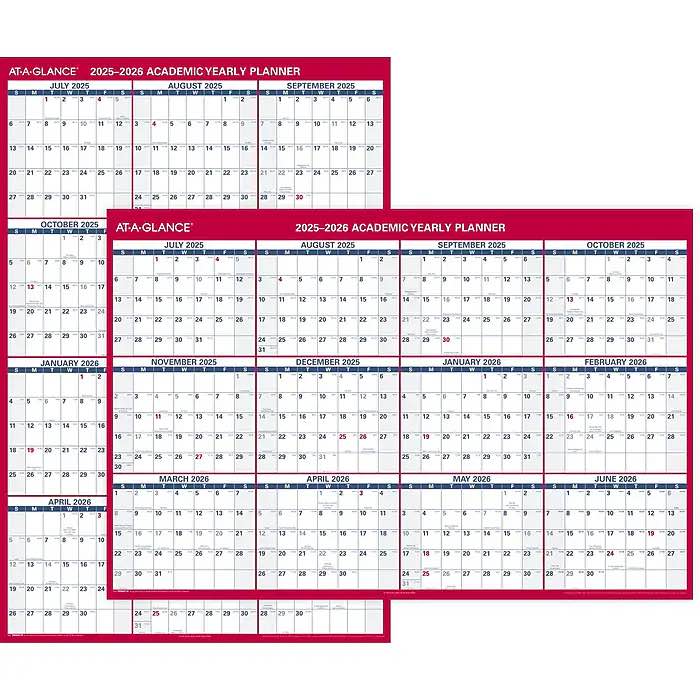2025-2026 at-a-glance 48" x 32" academic yearly wet-erase wall calendar, reversible, white/red (pm36ap-28-26)