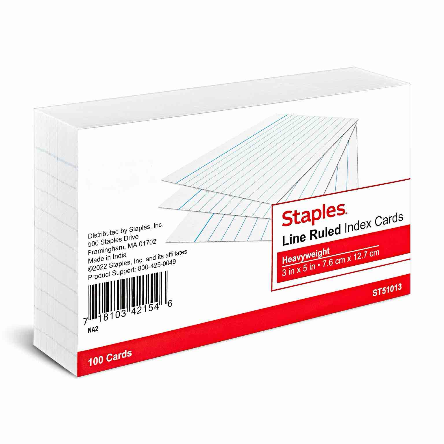 Staples Brand 3" x 5" Index Cards, Lined, White, 100/Pack (ST51013-CC)(20 pieces)
