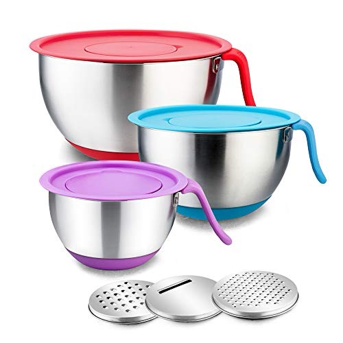  Mixing Bowls Set - Stainless Steel Salad Bowls with Lids, 3 Graters Included, Long Handle, Pour Spout, Dishwasher Safe