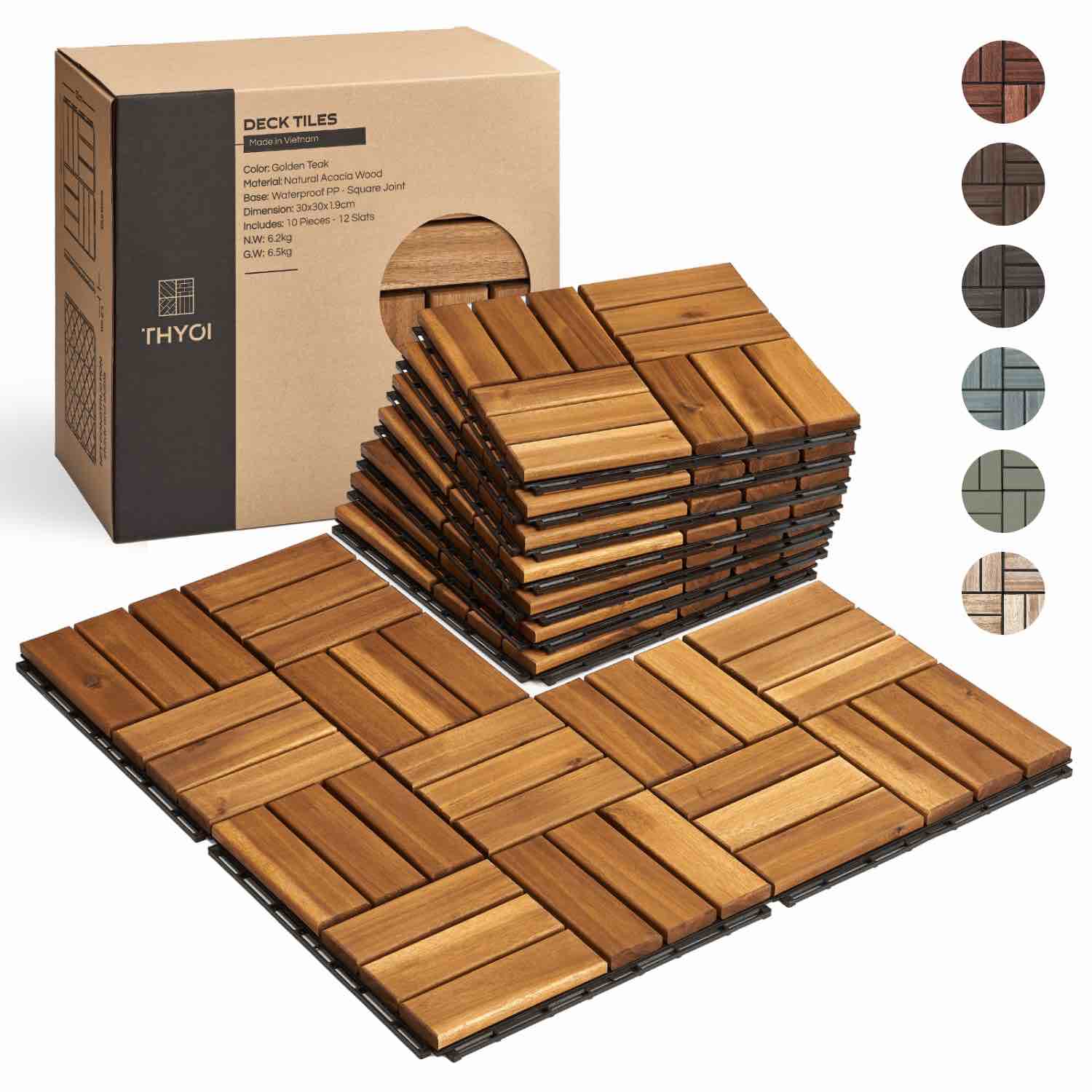 10 Pcs Interlocking Deck Tiles, Patio Flooring - Outdoor Waterproof Acacia Wood Tiles for All Weather Use - Balcony, Backyard, Indoor & Outdoor (Black, 10 Pcs - 12.1 Square Ft)