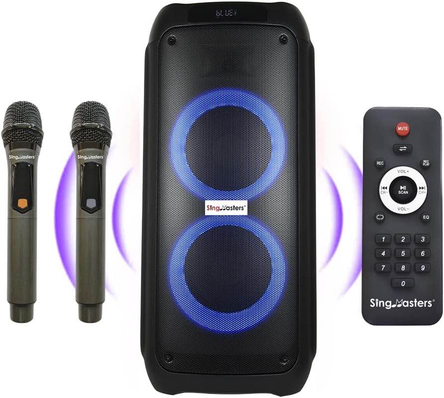 Party Box Karaoke Machine Speaker with 2 Premium Aluminium UHF Wireless Microphones for Kids & Adults,Portable Singing Speaker,PA System,Bluetooth,DJ Lights,Recording,Best Gift