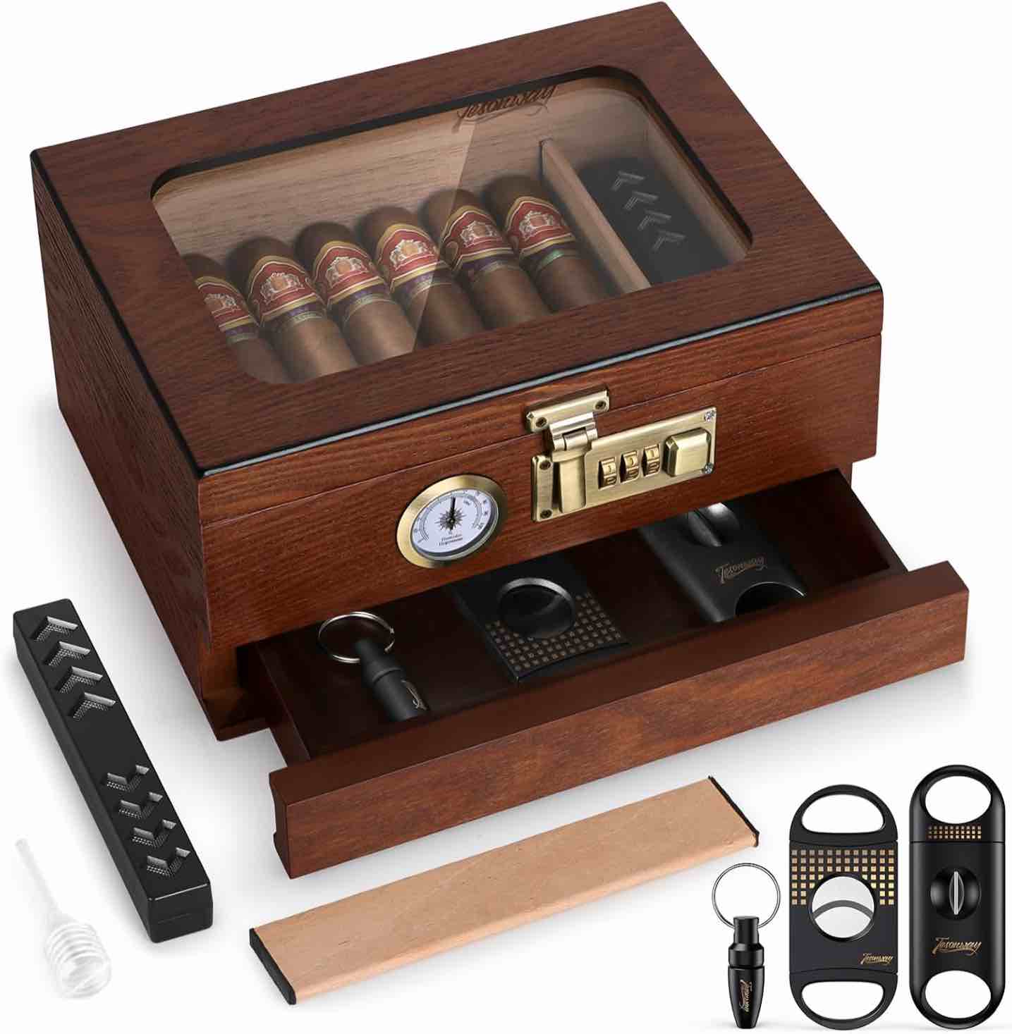 Cigar Humidor, Cedar Wood Cigar Storage Box with Drawer for Cigar Cutter, Lighter and Ashtray Set, Desktop Glass Top Humidor with Hygrometer(Brown)