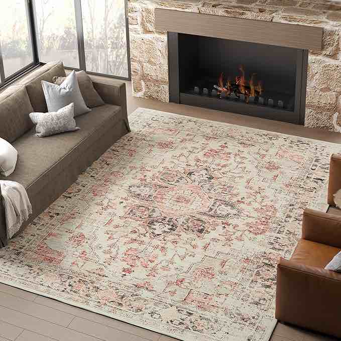 jinchan Area Rug 9x12 Boho Living Room Rug Floral Print Washable Large Rug Indoor Soft Distressed Foldable Carpet Thin Rug Bedroom Dining Room Office Farmhouse Dark Blue 9'x12' pink